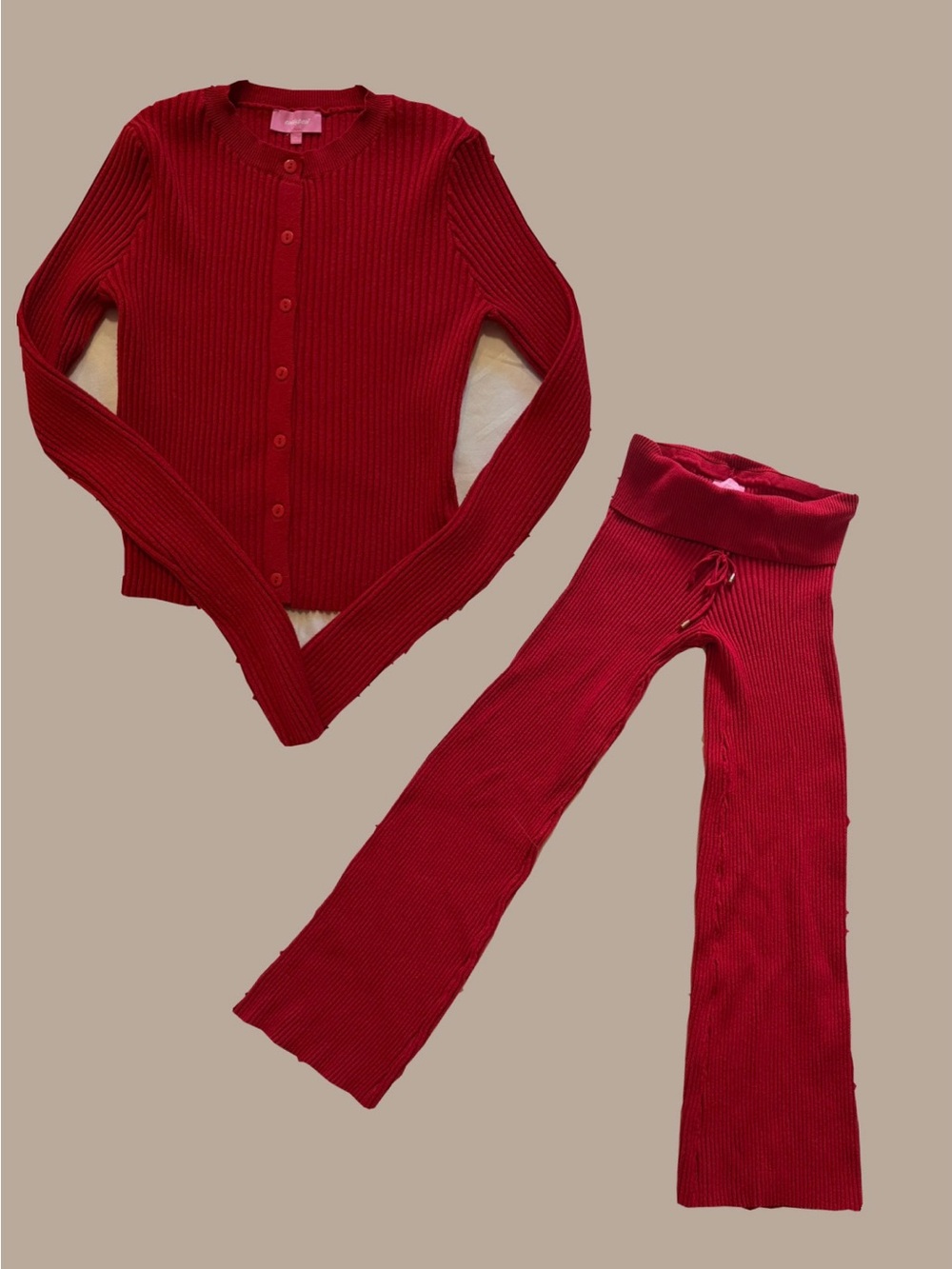 Edikted Red Ribbed Flare Knit Pants